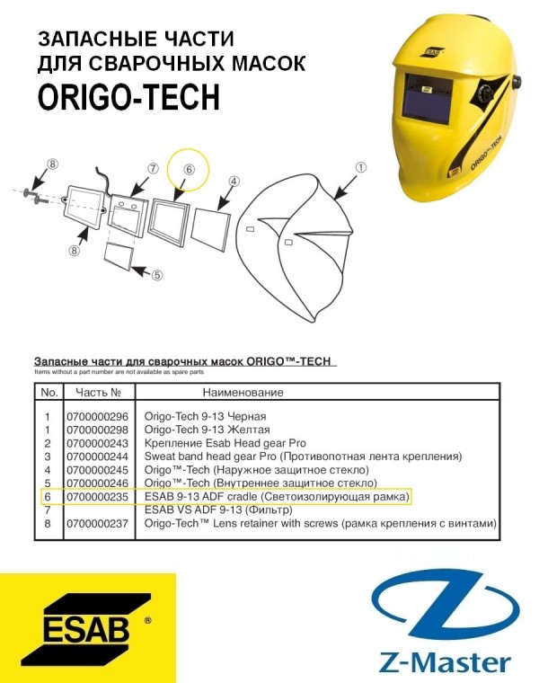 Светоизолирующая рамка ADF для Origo-Tech 9-13 0700000235 Esab